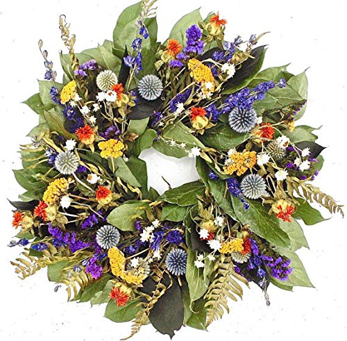 THE GATHERING GARDEN Country Blues. Dried Floral and Herbal Wreath, 15 Inch, Hand Made in The USA. Round Wreath, Wreath for The Front Door Home Décor