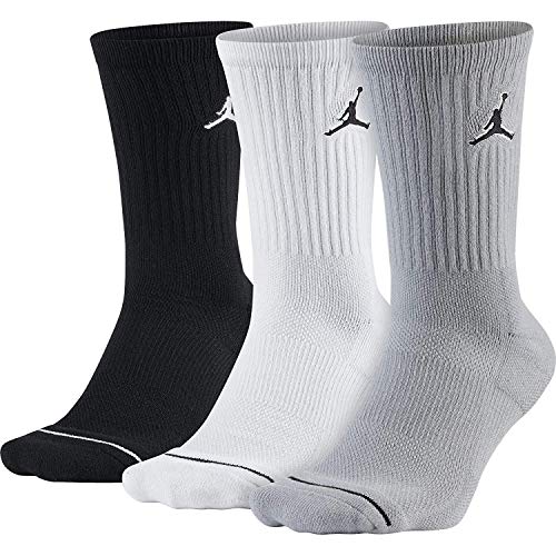 Nike Unisex Jordan Jumpman Crew Socks (3 Pack) Black/White/Wolf Grey (Men’s Shoe Size 8-12)