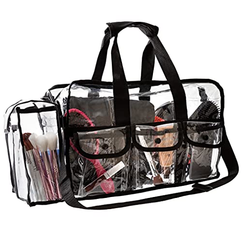 Large Clear Makeup Organizer Bag 17 inch x 9 inch x 10 inch, Cosmetic Bag with Sturdy Zipper and 4 External Pockets for Toiletries Adjustable Strap