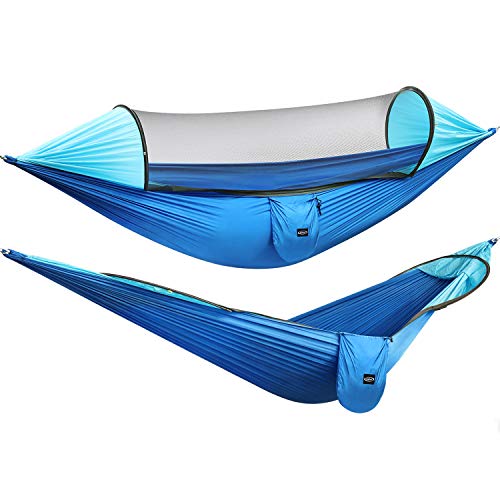G4Free Large Camping Hammock with Mosquito Net 2 Person Pop-up Parachute Lightweight Hanging Hammocks Tree Straps Swing Hammock Bed for Outdoor Backpacking Backyard Hiking (Blue/Light Blue)