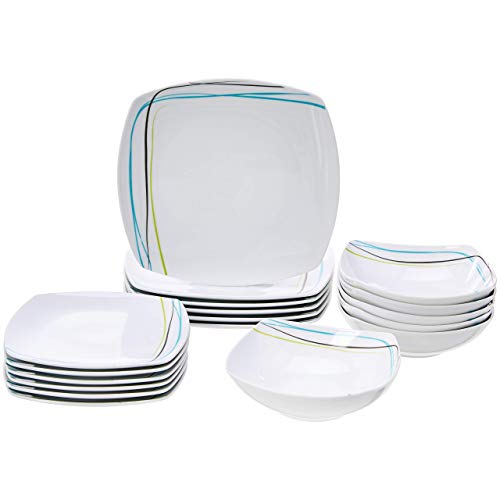 Amazon Basics 18-Piece Kitchen Dinnerware Set – Square Plates, Bowls, Service for 6 – Gray Soft Lines