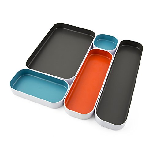 Three by Three Seattle 5 Piece Metal Organizer Tray Set for Storing Makeup, Stationery, Utensils, and More in Office Desk, Kitchen and Bathroom Drawers (1 Inch, Gray, Sky Blue, Orange)