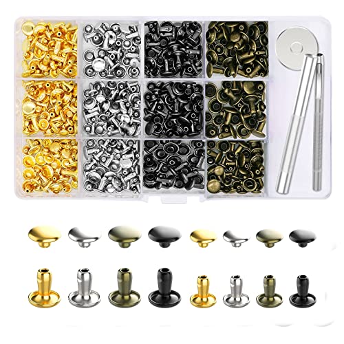 Alritz 240 Sets Leather Rivets, Double Cap Rivet Tubular 4 Colors 2 Sizes Metal Studs with Fixing Tools for DIY Leather Craft/Clothes/Shoes/Bags/Belts Repair Decoration