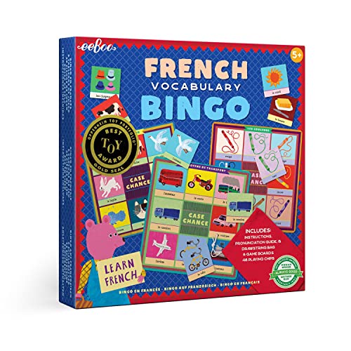 eeBoo: French Bingo Vocabulary Game, Includes- Pronunciation Guide & Drawsting Bag, 6 Game Boards, 48 Playing Chips, 2 to 6 Players, For Ages 5 and up