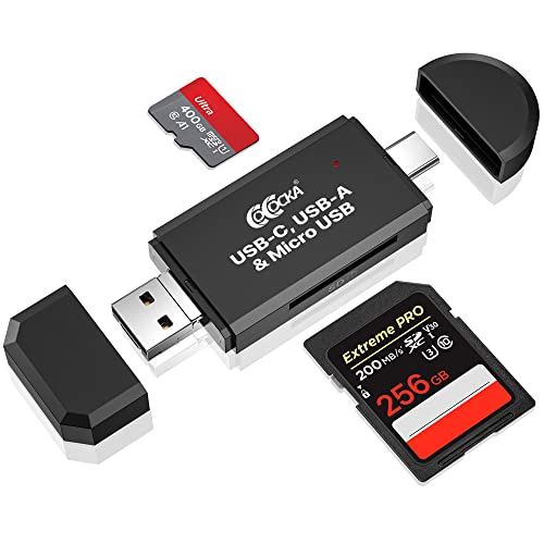 COCOCKA Micro SD Card Reader, 3 in 1 USB-C USB-A Micro USB Camera Memory Card Reader, Trail Camera SD Card Adapter for PC/Laptop/Smart Phone/Tablet, for SD/Micro SD/SDHC/SDXC/MMC/MMC/UHS-I ect