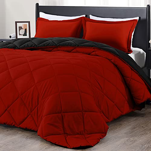 downluxe Lightweight Solid Comforter Set (Queen) with 2 Pillow Shams – 3-Piece Set – Red and Black – Down Alternative Reversible Comforter
