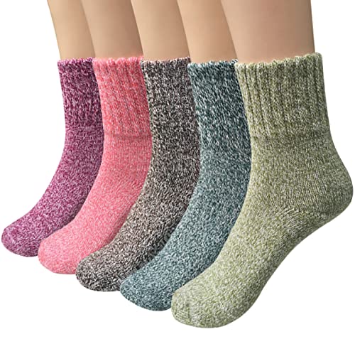 5 Pairs Womens Wool Socks Thick Knit Warm Winter Socks for Women Cozy Comfy Socks Gifts, B-Dark Red/Crimson/Orange/Green/Cyan