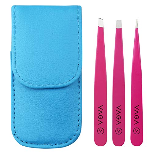 VAGA Set of 3pcs Precise Tweezers, Made of Stainelss Steel, Slant, Sharp and Straight, Blue Color in Protective PU Bag for Eyebrows, Ingrown Hair Plucking, Splinters Removal and Crafting