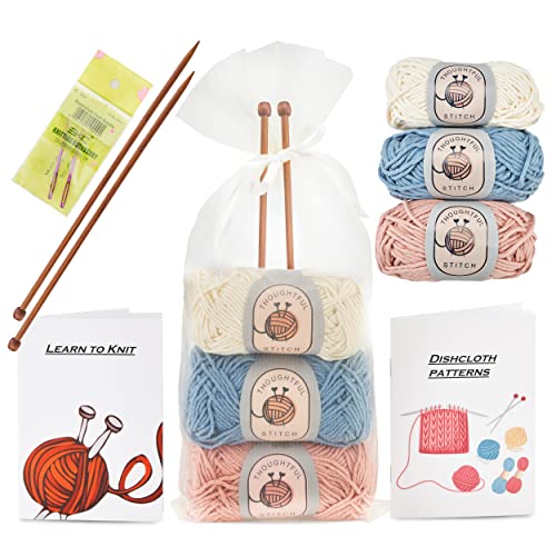 Knitting Kits for Beginners Adults – 6 Pcs Knitting Needle Set with 100% Cotton Yarn – Make Your Own Dishcloth Craft Kits for Adults – Includes Bamboo Knitting Needles and Yarn Needle – Fantastic Gift
