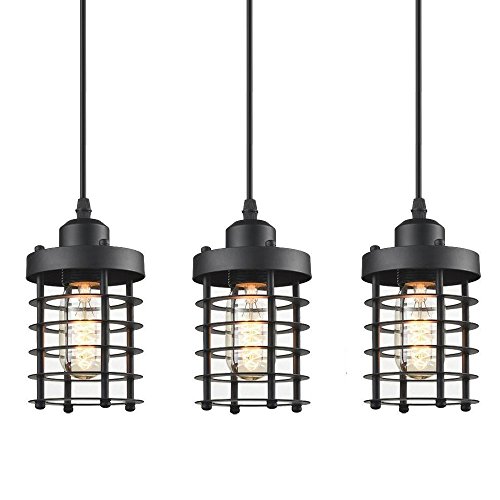 WINSOON 3 Pack Pendant Light Fixture Industrial Rustic Metal Cage Hanging Kitchen Island Lighting Shade for Farmhouse Dining Room Black Ceiling Lamp