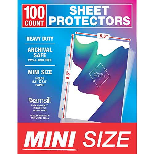 Samsill Mini Sheet Protectors 100 Pack, 5.5 x 8.5 Inch Page Protectors for Mini 3 Ring Binder, Heavy Duty, Clear Protector Sheets, 7 Hole, Top Loading, Acid Free