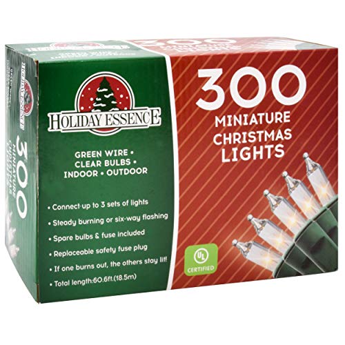 Holiday Essence 300 Mini Clear Lights, Christmas String Lights for Indoor and Outdoor Decorative Use, Green Wire, UL Listed