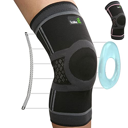 TechWare Pro Knee Support Sleeve – Compression Knee Sleeve Men & Women. Knee Brace with Side Stabilizers & Patella Gel Pads. Meniscus Tear, Arthritis, Joint Pain Relief. Blk/Gry Med
