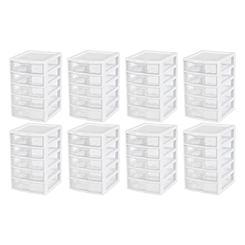 Sterilite Clearview Small Clear Plastic Stackable 5 Drawer Storage System for Desktop and Drawer Household Organization for Stationary or Pens, 8 Pack
