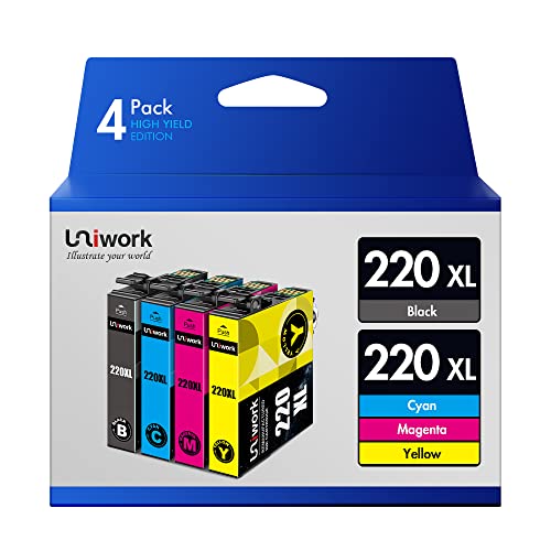 Uniwork Remanufactured Ink Cartridge Replacement for Epson 220 220XL use for WorkForce WF-2760 WF-2750 WF-2630 WF-2650 WF-2660 XP-320 XP-420 Printer (1 Black 1 Cyan 1 Magenta 1 Yellow), 4 Pack