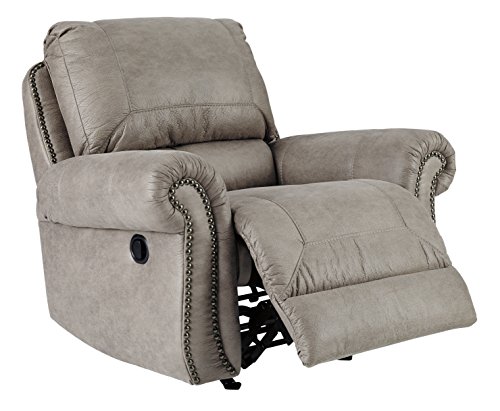 Signature Design by Ashley Olsberg Faux Leather Manual Rocker Recliner with Nailhead Trim, Gray