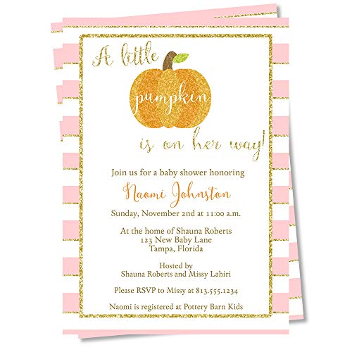 Pumpkin Baby Shower Invitation Girl Sparkling Autumn Sparkling Fall Sprinkle Invite Pink Gold Orange Harvest Girl Stripes Glitter Personalize Customize Custom Printed Cards (12 count)