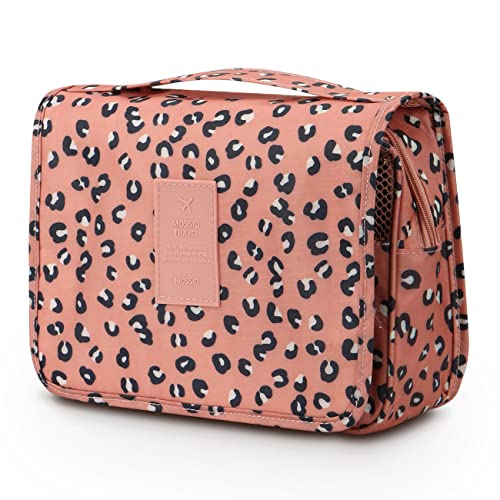Mossio Hanging Toiletry Bag – Large Cosmetic Makeup Travel Organizer for Men & Women with Sturdy Hook (Pink Leopard)