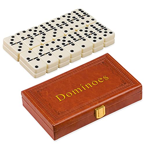 ZOOCEN Double 6 Dominoes Set in Leatherette Case (28 Tiles with Spinner), Ivory