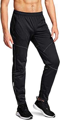 TSLA Men’s Thermal Windproof Cycling Pants, Fleece Lined Outdoor Bike Pants, Winter Cold Weather Running Pants, Cycling Pants Black & Grey, Large