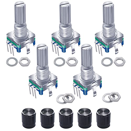 Taiss 5PCS Rotary Encoder Switch Push Button EC11 360 Degree 5 Pins 20 Detents Points Digital Potentiometer with Knob Cap