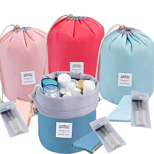INVODA Cosmetic Bag 4 Pieces Barrel Shaped Travel Makeup Bags Large Capacity Soft Waterproof Portable Drawstring Cosmetic Bag Multifunctional Bucket Toiletry Bag (Green+Pink+Blue+Red)