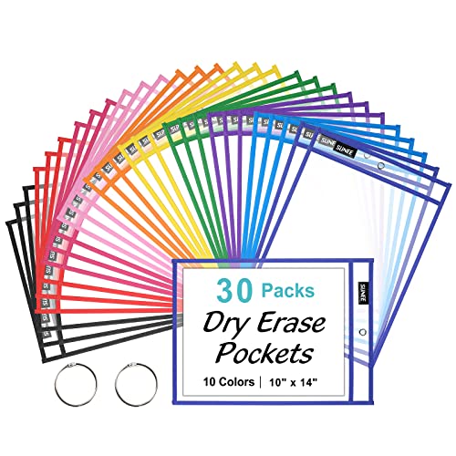 SUNEE 30 Packs Oversized Reusable Dry Erase Pocket Sleeves with 2 Rings, 10 Assorted Colors 10×14 Ticket Holders, Clear Plastic Sheet Protectors, Teacher School Classroom Supplies