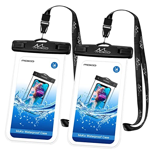 MoKo Waterproof Phone Pouch 2Pack, Underwater Phone Case Dry Bag with Lanyard Compatible with iPhone 14 13 12 11 Pro Max X/Xr/Xs Max/SE 3, Samsung S21/S10/S9, Note 10/9/8, Black+Black