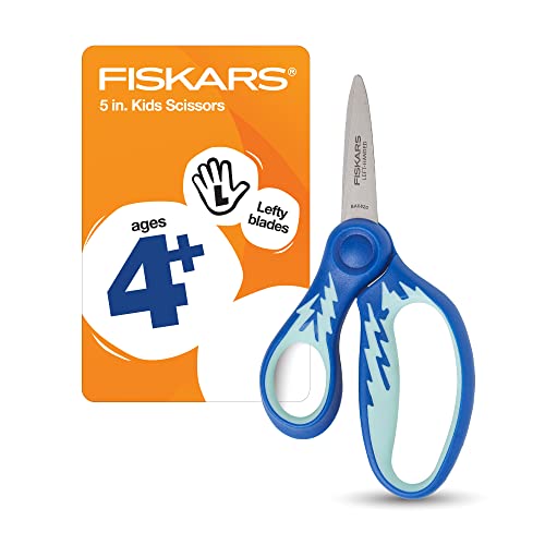 Fiskars Kids Scissors, Left Handed Scissors for Kids, Scissors for school, SoftGrip, 5 Inch, Blue Lightning