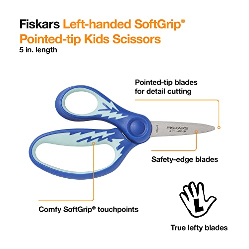 Fiskars Kids Scissors, Left Handed Scissors for Kids, Scissors for school, SoftGrip, 5 Inch, Blue Lightning | The Storepaperoomates Retail Market - Fast Affordable Shopping