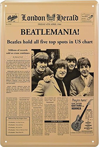 Tin Sign – Metal Sign: Beatles Newspaper Edition Beatlemania 8 x 12 in | Retro Vintage Classic Band Style Decor for Home Bar Garage Studio Restaurant | The Beatles
