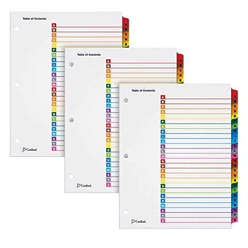 Cardinal A-Z Tab Dividers for 3 Ring Binders, Customizable Table of Contents Page with Multicolor A-Z Tabs, 3 Sets (63218)