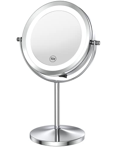Benbilry Lighted Makeup Vanity Mirror with Lights and Magnification, 1x/10x Magnifying LED Mirror Double Sides 360° Swivel Round Mirror Battery Operated 7 Inch Standing Shaving Mirror Silver