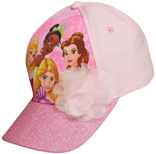 Disney Girls Princess Glitter Baseball Cap – Frozen Elsa, Anna, Cinderella, Belle, Ariel (2-7), Size 4-7 Years, Princess Pink