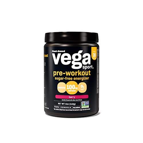 Vega Sport Sugar Free Pre-Workout Energizer Berry (35 Servings) Pre Workout Powder for Women and Men, Supports Energy and Focus, Electrolytes, Vegan, Keto, Gluten Free Non GMO, 4oz