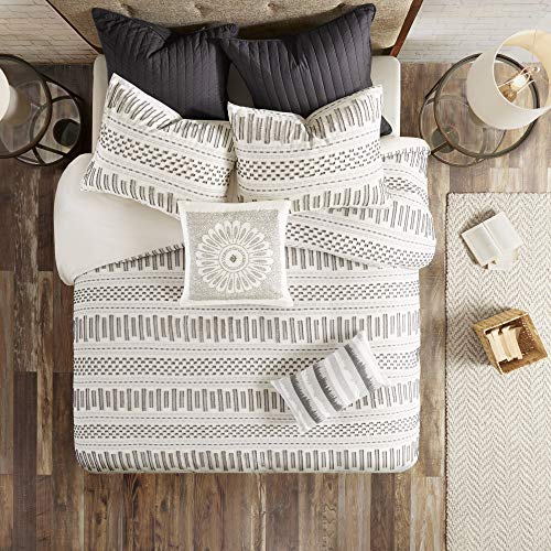 INK+IVY Luxurious Cotton-Bedding Set – Mid Century Trendy Geometric Design, All Season Cozy-Cover With Matching-Shams, King/Cal King, Rhea Jacquard Ivory/Charcoal