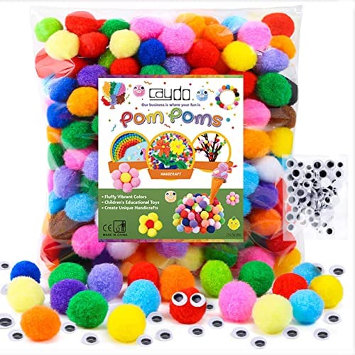 Caydo [400 pcs] – 300 Pieces 1 Inch Assorted Pompoms with 100pieces Wiggle Eyes Multicolor Arts and Crafts Pom Poms Balls for Kids DIY Art Creative Crafts Decorations