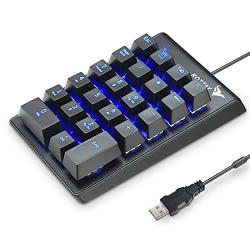 Rottay Number Pad, Mechanical USB Wired Numeric Keypad with Blue LED Backlit 22 Key Numpad for Laptop Desktop Computer PC Black (Blue switches)