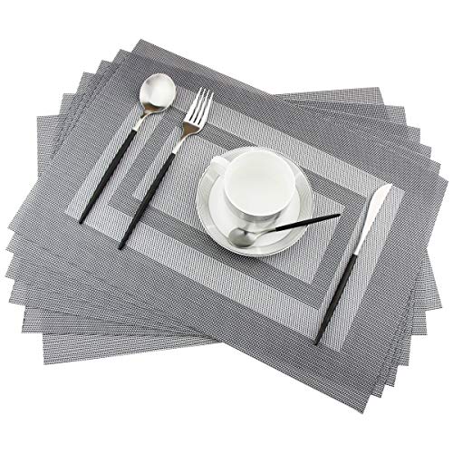 PIGCHCY Placemats Set of 6,Washable Woven Place Mats Vinyl Table Mats Non Slip Placemats Heat Resistant Placemats for Dining Table (Silver Black)