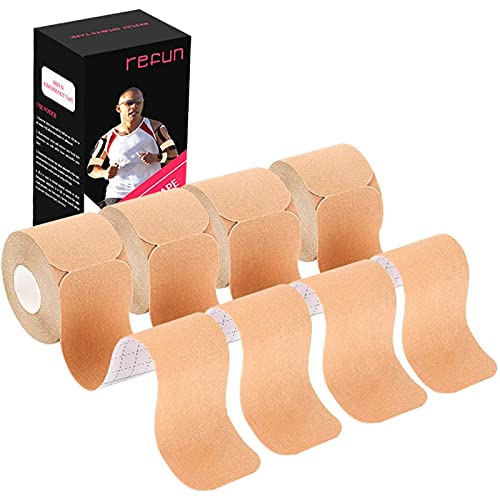 REFUN Kinesiology Tape Precut (4 Rolls Pack), Elastic Therapeutic Sports Tape for Knee Shoulder and Elbow, Pain Relief, Waterproof, Latex Free, 2″ x 16.5 feet Per Roll, 20 Precut 10 Inch Strips