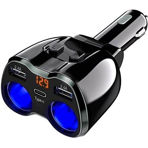 USB C Car Charger, 2 Sockets Cigarette Lighter Splitter 12/24V 80W Dual USB Type-C Ports Separate Switch LED Voltage Display Built-in Replaceable 10A Fuse Compatible Mobile Cell Phone GPS Dash Cam