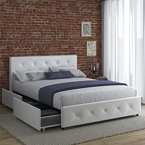 DHP Dakota Upholstered Platform Bed with Underbed Storage Drawers and Diamond Button Tufted Headboard and Footboard, No Box Spring Needed, Full, White Faux Leather