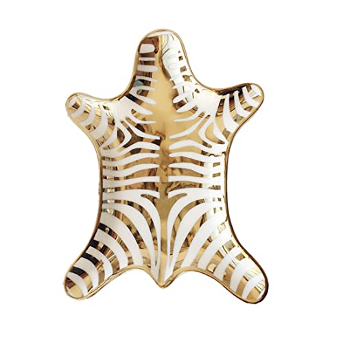 NUYKOUY Zebra Stripe Jewelry Tray Ceramic Dishes Plate Gilded 5.9″, Gold (Gold)