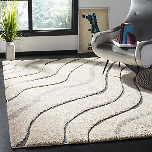 SAFAVIEH Florida Shag Collection 5’3″ x 7’6″ Cream / Light Blue SG472 Abstract Wave Non-Shedding Living Room Bedroom Dining Room Entryway Plush 1.2-inch Thick Area Rug