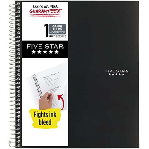 Five Star Spiral Notebook, 1-Subject, Graph Ruled Paper, Fights Ink Bleed, Water Resistant Cover, 8-1/2″ x 11″, 100 Sheets, Black (73679)