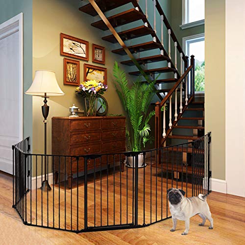 Costzon Baby Safety Gate, 181-Inch Extra Wide Fireplace Fence, Foldable Pet Gates with Add/Decrease Panels Directly, Wall-Mount Metal Gate for Pet & Child (Black, 8-Panel)