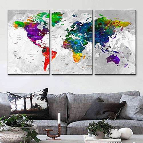 Original by BoxColors LARGE 30″x 60″ 3 panels 30×20 Ea Art Canvas Print Watercolor Multi Color Map World Push Pin Travel Wall home decor (framed 1.5″ depth) M1812