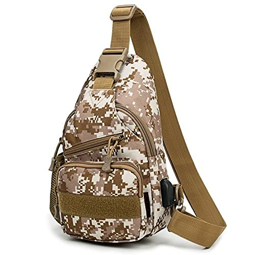 Multifunctional Tactical Sling Bag Camouflage Shoulder Backpack with USB Charge Port, Brown