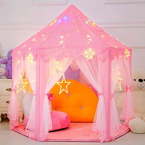 Wilhunter Princess Castle Play Tent Fairy Kids Play Tent with Star Lights Pink Large Playhouse Toys/Gift for Girls Indoor & Outdoor Play