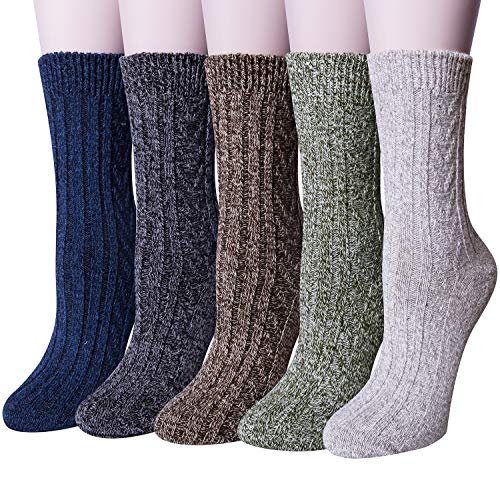 Loritta Pack of 5 Womens Winter Socks Warm Thick Knit Wool Soft Vintage Casual Crew Socks Gifts,A-Navy/Dark grey/Brown/Green/Light grey
